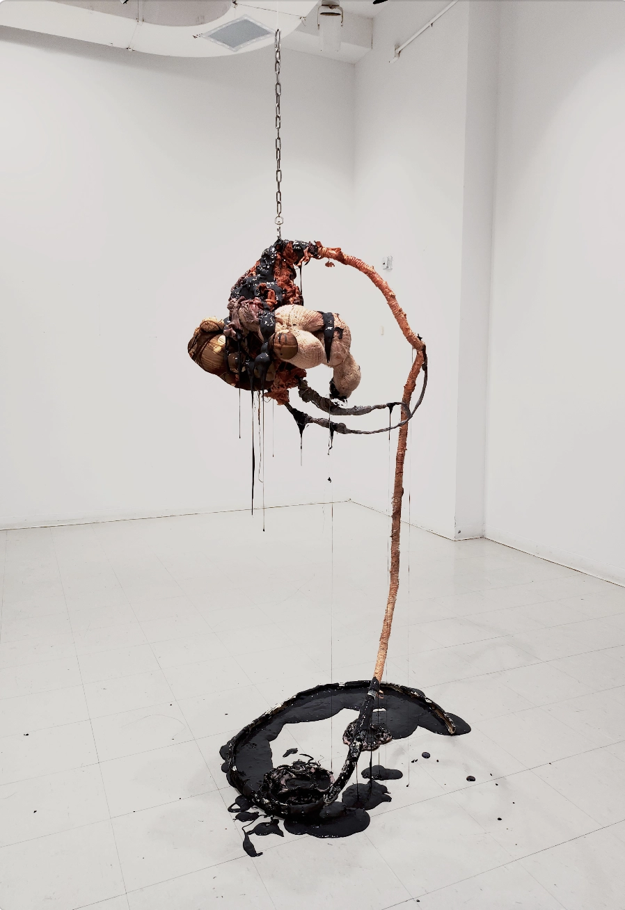 An image of a biomorphic sculpture hanging from the ceiling of an all-white space. The floor beneath the sculpture is a black, circular puddle, mirroring the hanging form.