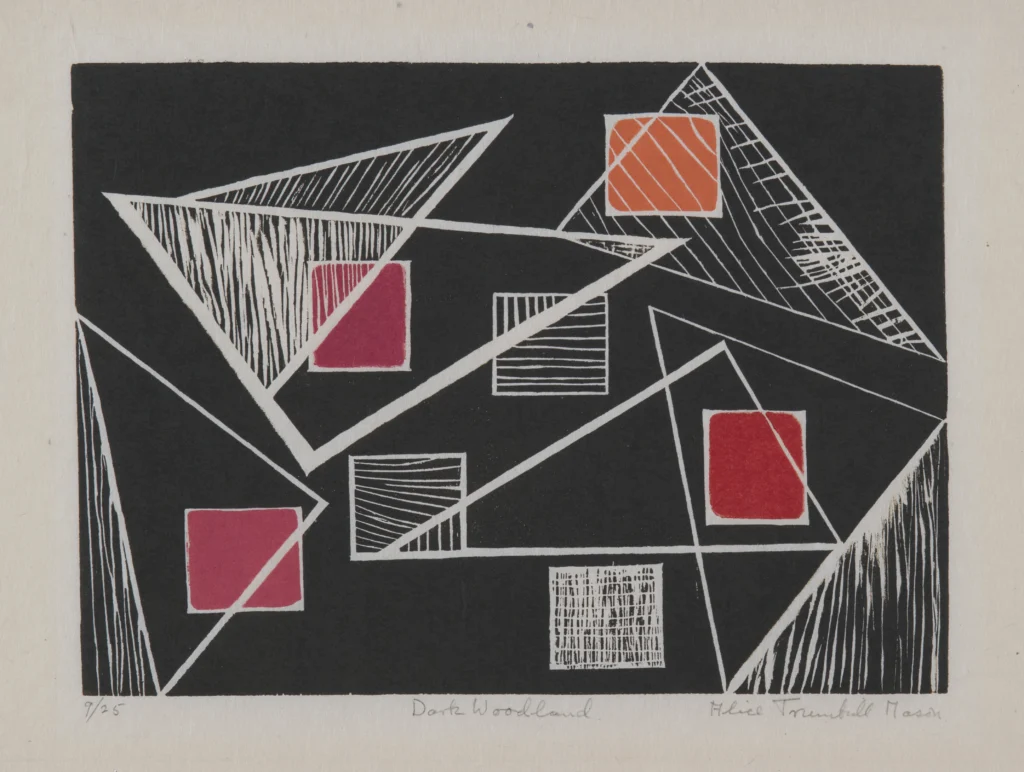 A woodcut print of orange and red squares intersecting with white, open triangles and white lines. The background of these forms is solid black.